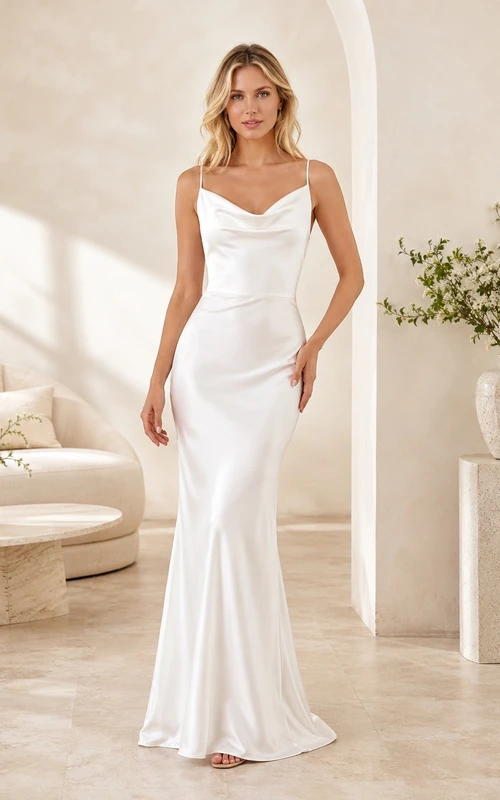 Satin Spaghetti Strap Draped Low Back Sheath Floor Length Simple Bridal Gown