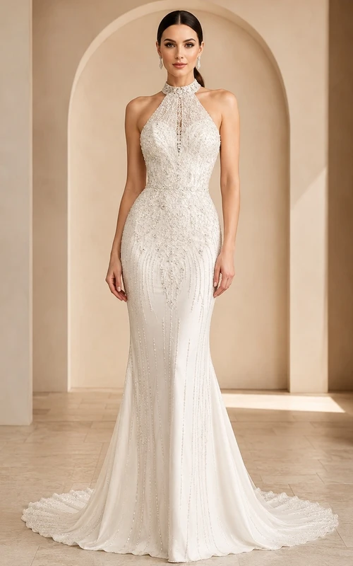 Vestido de novia formal elegante con escote halter y estilo sirena.