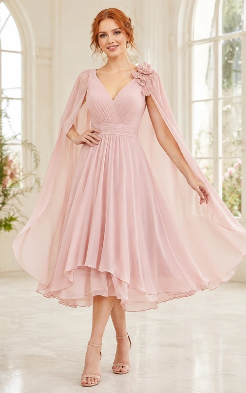Blushing Pink Floral V-Neck Long Sleeve Chiffon Cape A-Line Tea-length Romantic Dress