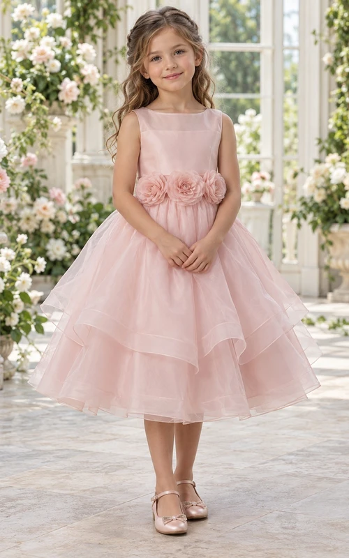Blushing Pink Boat Neck Rosette Waist Tiered Flower Girl Dress