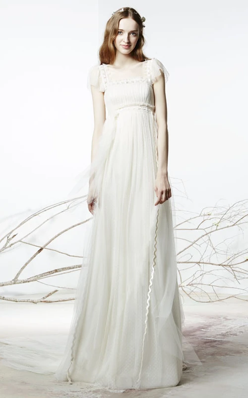 Robe de mariée fourreau en tulle, longueur au sol, col carré, manches bouffantes, coupe empire, col rond, encolure carrée, manches bouffantes