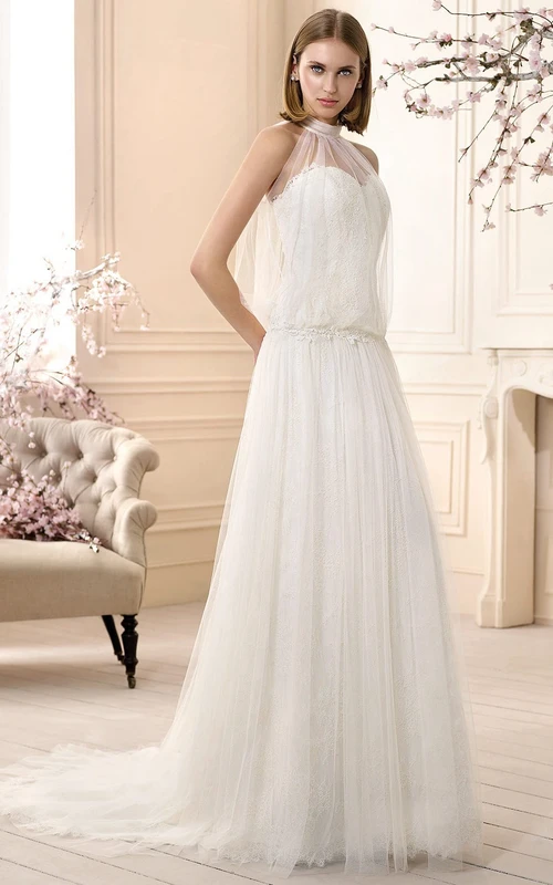 Vestido de novia largo sin mangas de corte A con cuello alto y encaje y tul