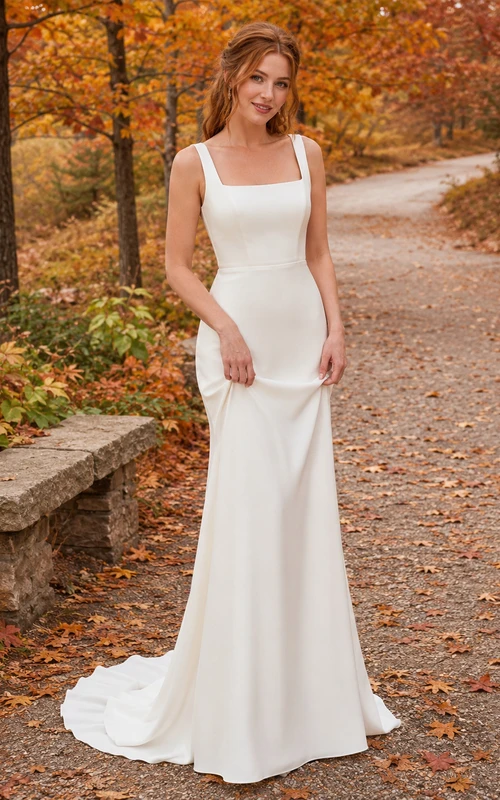 Einfaches herbstliches Meerjungfrauen-Hochzeitskleid aus Crêpe mit eckigem Ausschnitt