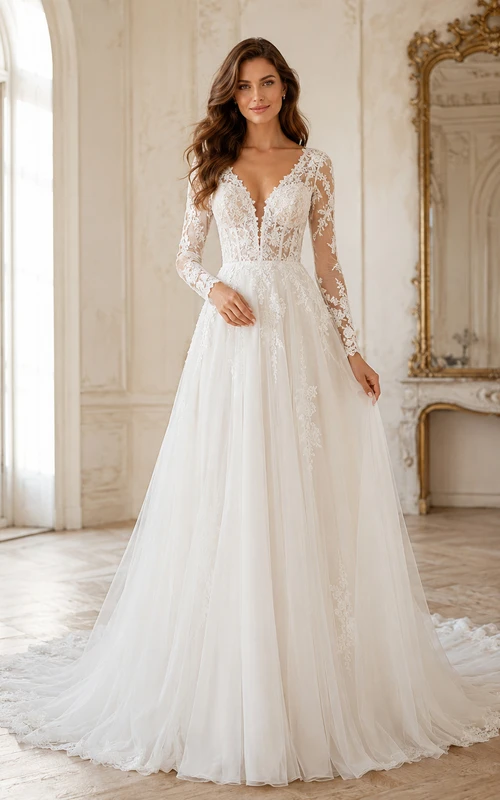 Robe de mariée classique en dentelle et tulle, décolleté en V profond, manches longues transparentes, coupe trapèze, traîne chapelle, ornée d'appliqués floraux, pour un mariage à destination