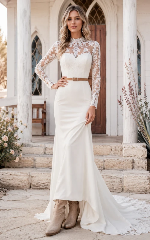 Robe de mariée moderne deux pièces sirène en dentelle, col montant illusion, manches longues, traîne chapelle