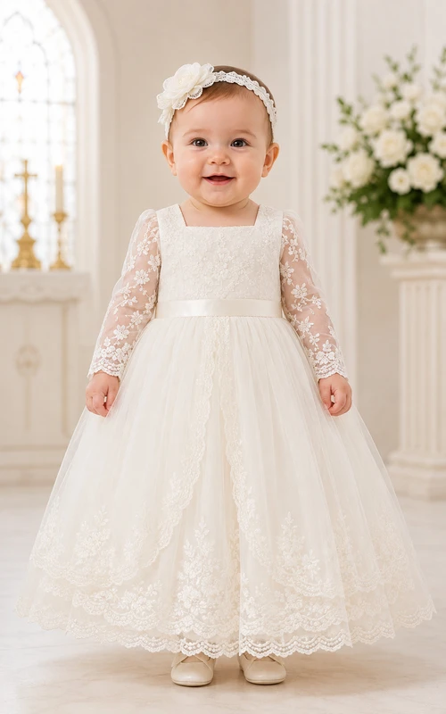 Robe de baptême pour bébé, coupe trapèze, manches longues, tulle et dentelle, longueur au sol, avec ceinture à nœud, couleur ivoire