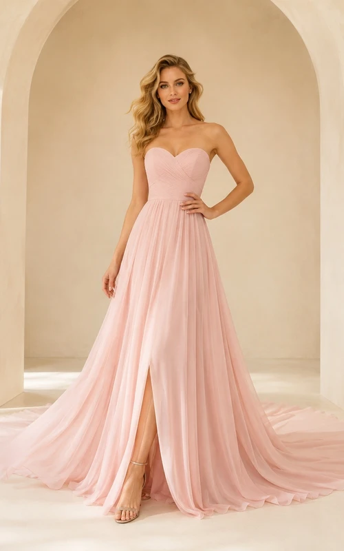 Vestido elegante de fiesta rosa con escote corazón y cola, corte en A.
