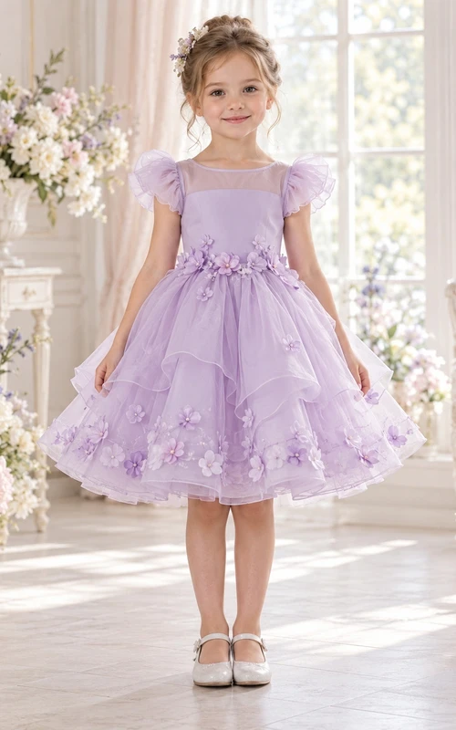 Lavender Flutter Sleeve Floral Tiered Knee-length Organza Flower Girl Dress