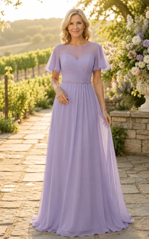 Lavendelfarbenes A-Linien-Kleid aus Chiffon mit U-Boot-Ausschnitt und Volantärmeln
