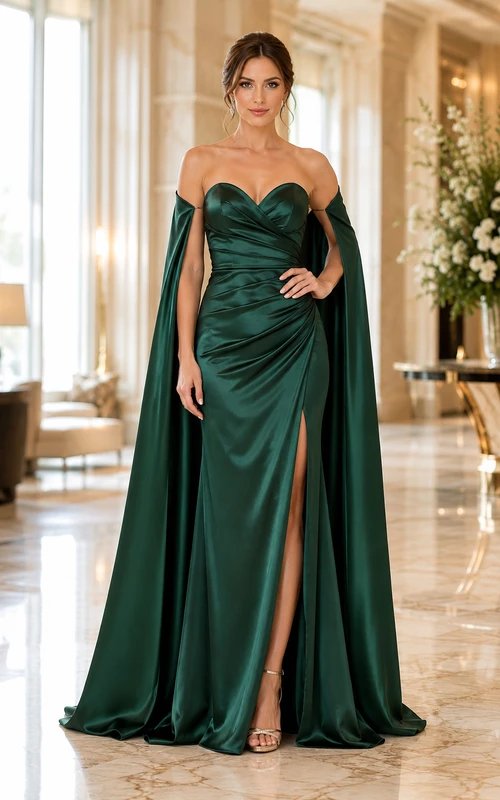 Robe de soirée sirène en satin vert foncé, épaules dénudées et traîne fendue