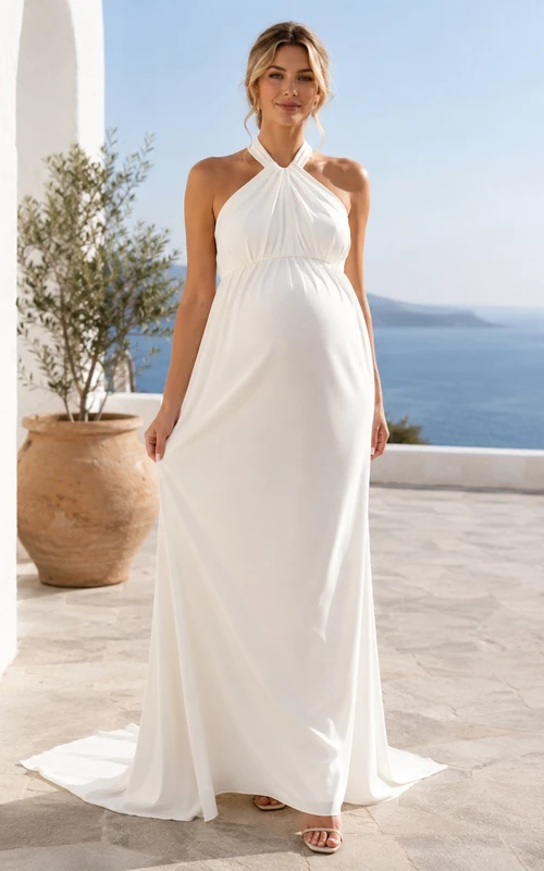 Vestido de novia sencillo de gasa con escote halter y corte en A para embarazadas