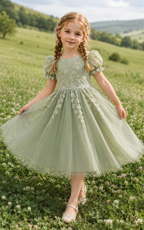 Blumenmädchenkleid aus salbeifarbenem Tüll, A-Linie, Rundhalsausschnitt, Teelänge, florale Applikationen