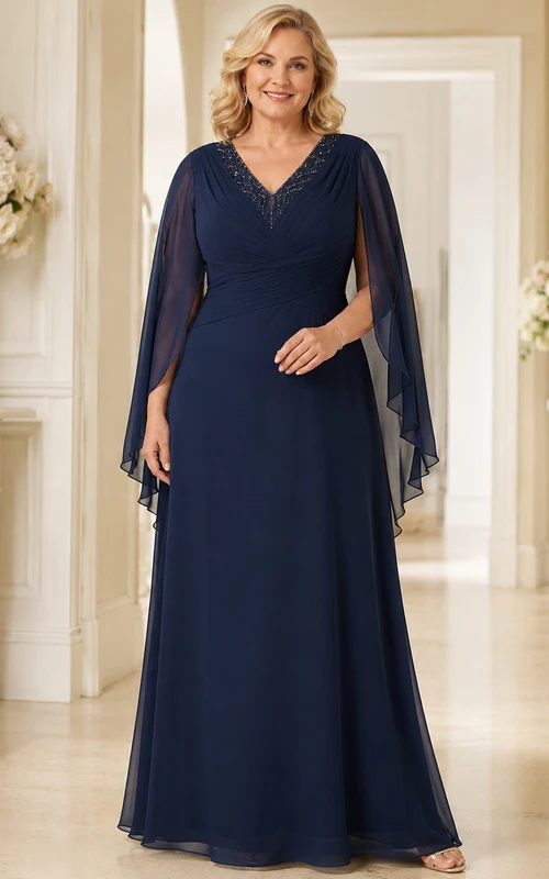 Dunkelblaues, elegantes Mutterkleid in Übergröße mit Perlenbesatz, V-Ausschnitt, langen Cape-Ärmeln und A-Linien-Schnitt, bodenlang