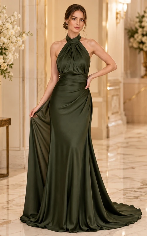 Olivgrünes, rückenfreies Meerjungfrauen-Abendkleid aus Satin mit Neckholder
