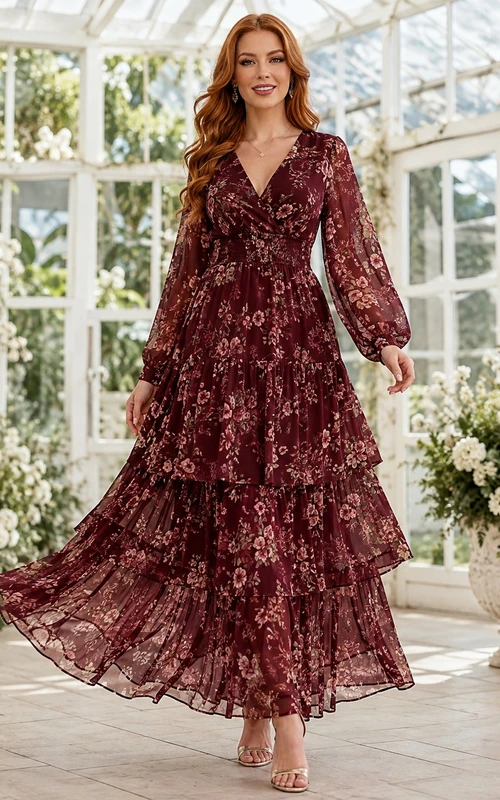 Vestido corto de manga larga, escote en V, encaje, falda acampanada y largo hasta los tobillos, color burdeos.
