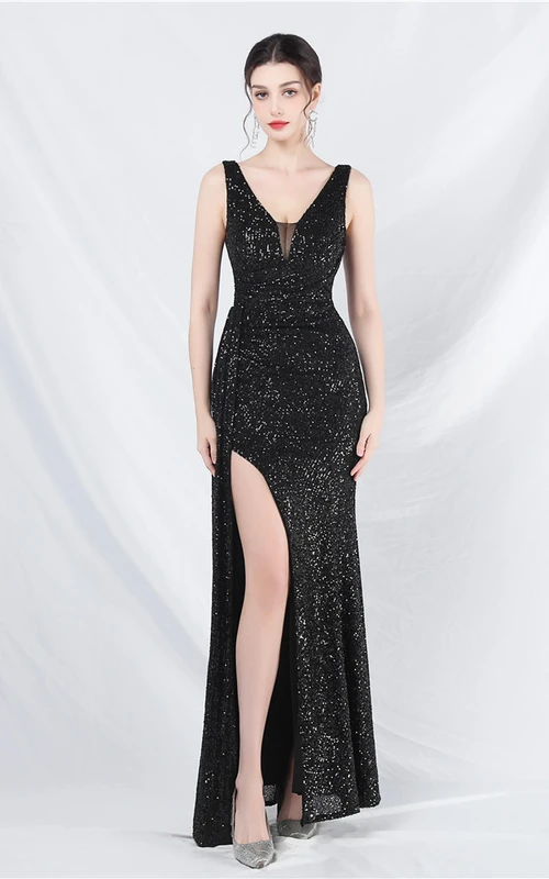 Vestido largo de noche con lentejuelas y cinta, estilo cruzado.