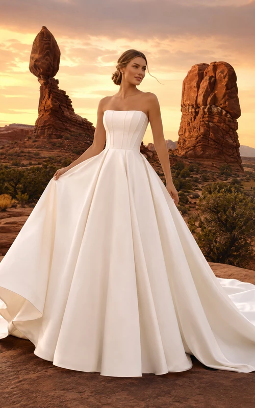 Robe de bal bustier plissée en satin avec traîne chapelle, robe de mariée canyon