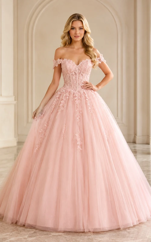 Rosenfarbenes Prinzessinnen-Ballkleid in Blush, bodenlang, schulterfrei, kurze Ärmel, luxuriöses Tüll-Abendkleid
