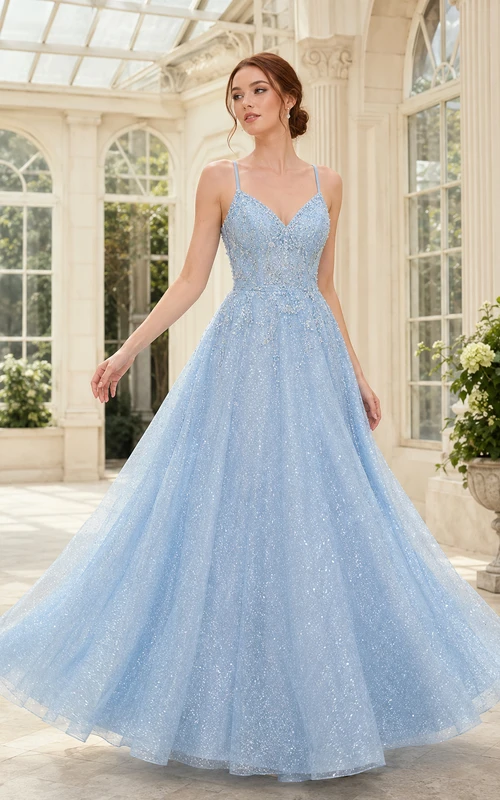 Himmelblaues Glitzer-Tüll-Ballkleid mit V-Ausschnitt für Abschlussball und festliche Anlässe