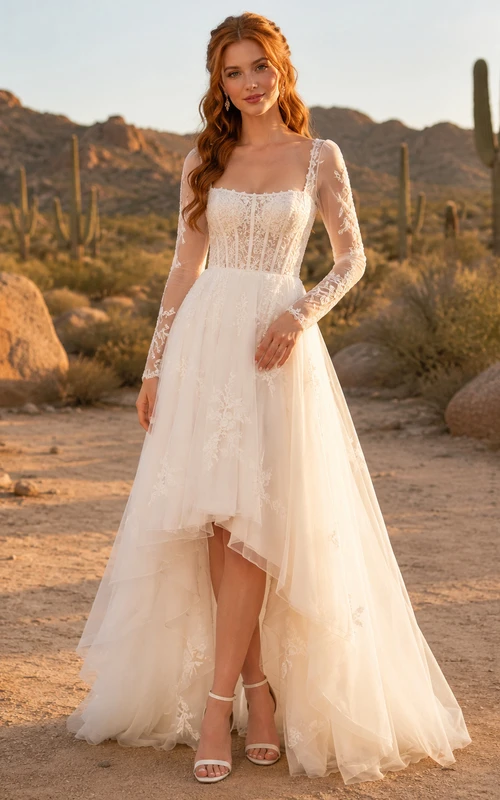 Boho-Hochzeitskleid mit langen Ärmeln, asymmetrischem Saum und hohem Bund aus Tüll – ein elegantes Wüsten-Hochzeitskleid