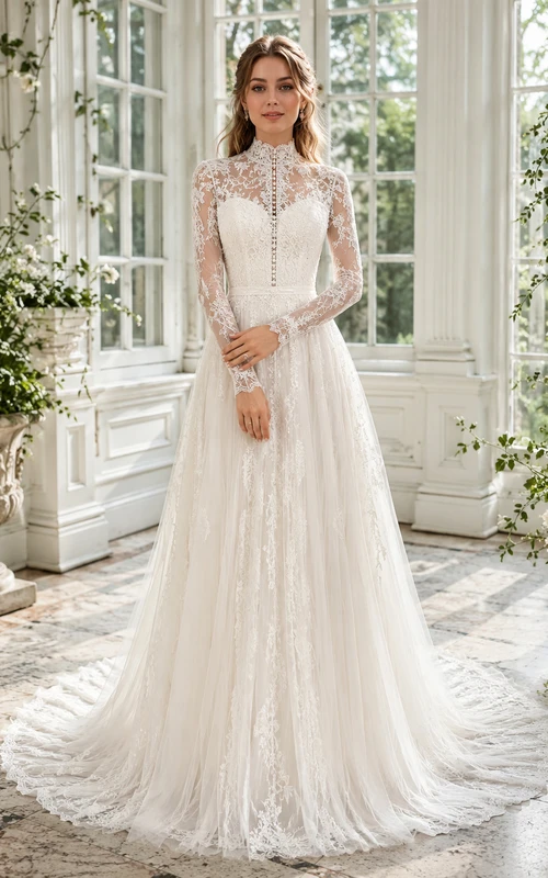 Modest High Neck Long Illusion Sleeve Floral Lace A-Line Chapel Train Wedding Dress