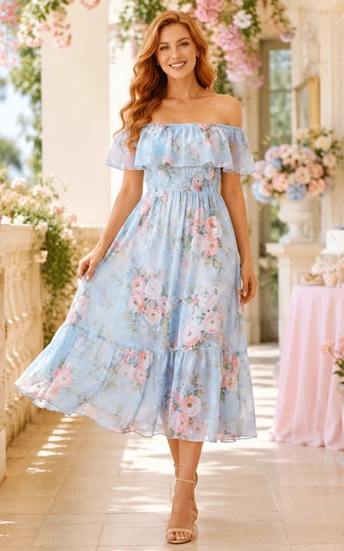 Sky Blue Floral Chiffon Off-the-shoulder Short Sleeve Tiered Tea-length A-Line Dress