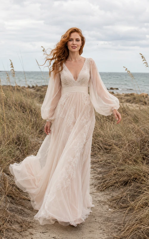 Soft Bishop Sleeve Windswept Coastal Field Elopement Gown