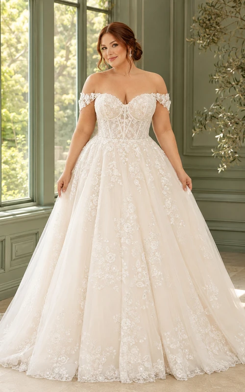 Robe de mariée de style chapelle en dentelle, épaules dénudées et décolleté cœur, grande taille