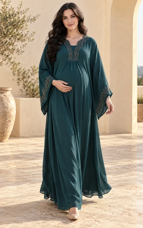Robe abaya maxi de maternité modeste à manches longues évasées et broderie paon