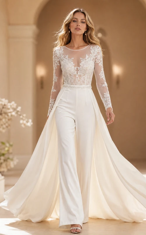 Combinaison de mariée à manches longues en dentelle illusion avec traîne en tulle amovible