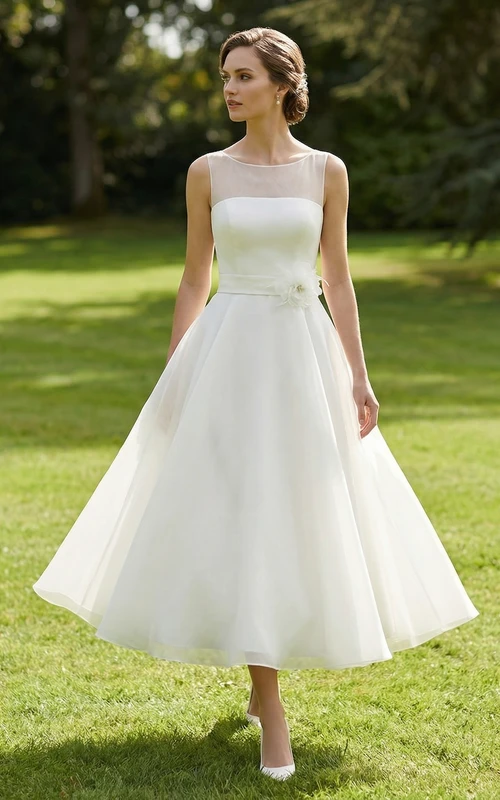 Hochzeitskleid mit floralen Details, Teelänge und Illusionsausschnitt