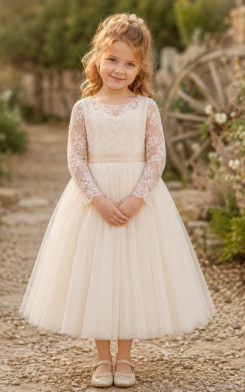 Robe de demoiselle d'honneur en dentelle ivoire et tulle, coupe trapèze, manches longues, col rond, longueur midi