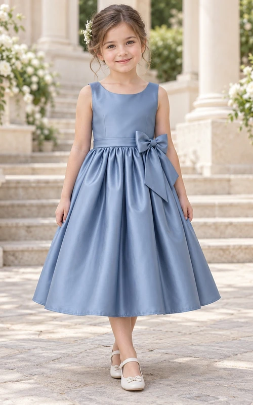 Teelanges, schlichtes blaues Sommerkleid in A-Linie aus Satin, ärmellos, mit seitlicher Schleife und Blumenmädchen-Detail