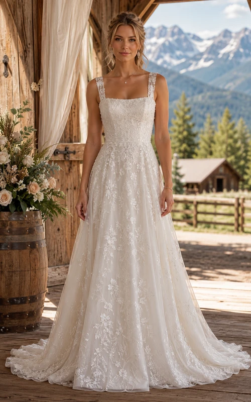 Square Strap A-Line Lace Country Wedding Dress with Tulle Applique Train