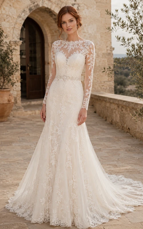 Robe de mariée modeste en dentelle et tulle, coupe sirène, col rond, manches longues et traîne chapelle.