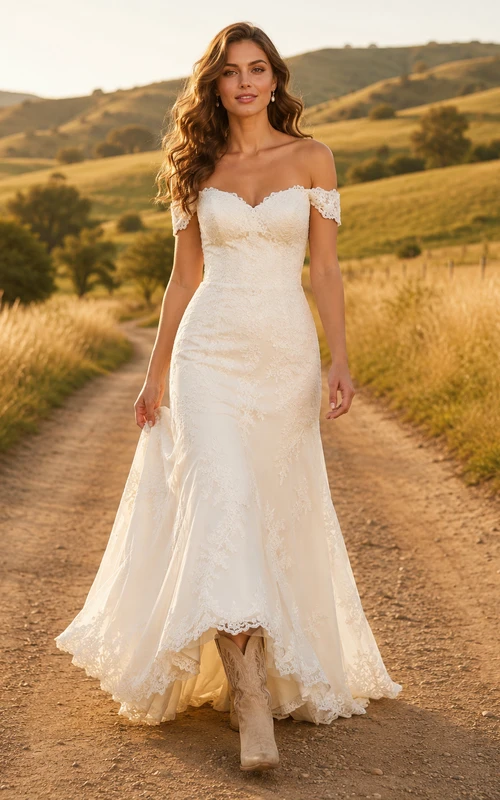 Robe de mariée de maternité à col montant illusion manches longues en dentelle, style jardin, avec traîne