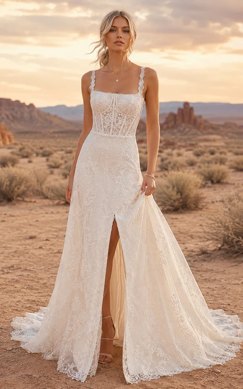 Vestido de novia de tul y encaje estilo campestre, corte en A, detalle de tirantes, cola capilla con abertura.