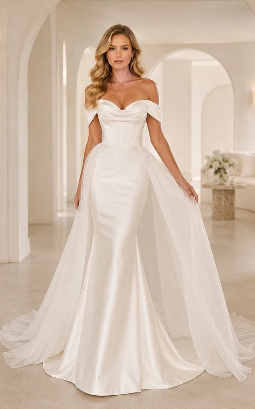Robe de mariée champêtre en satin sans coutures, épaules dénudées, manches courtes, coupe trapèze, traîne chapelle, plissée