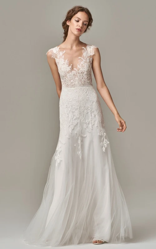 Elegante vestido de novia largo hasta el suelo, sin mangas, con escote en V, encaje y tul, con apliques.