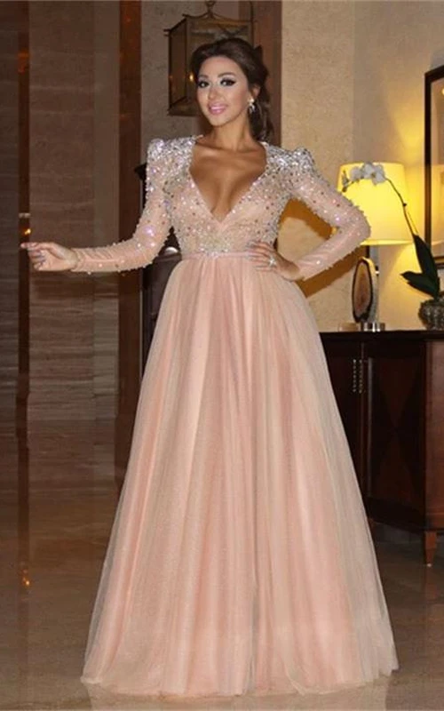 Robe de soirée glamour à cristaux, coupe trapèze, manches longues, longueur au sol