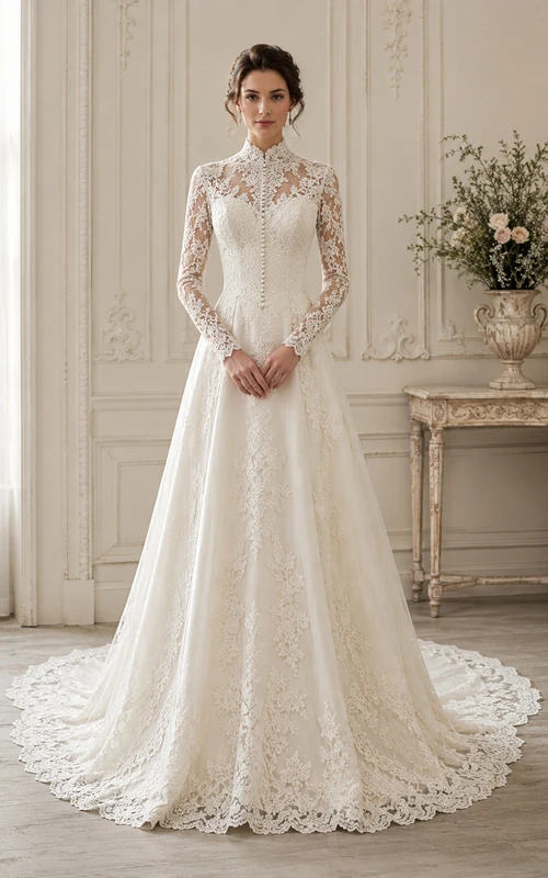 Vintage High Neck Long Sleeve Lace A-Line Wedding Dress