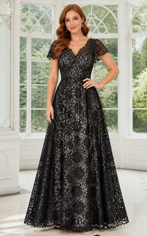Robe de maman vintage noire grande taille à col V en dentelle, manches courtes et coupe trapèze