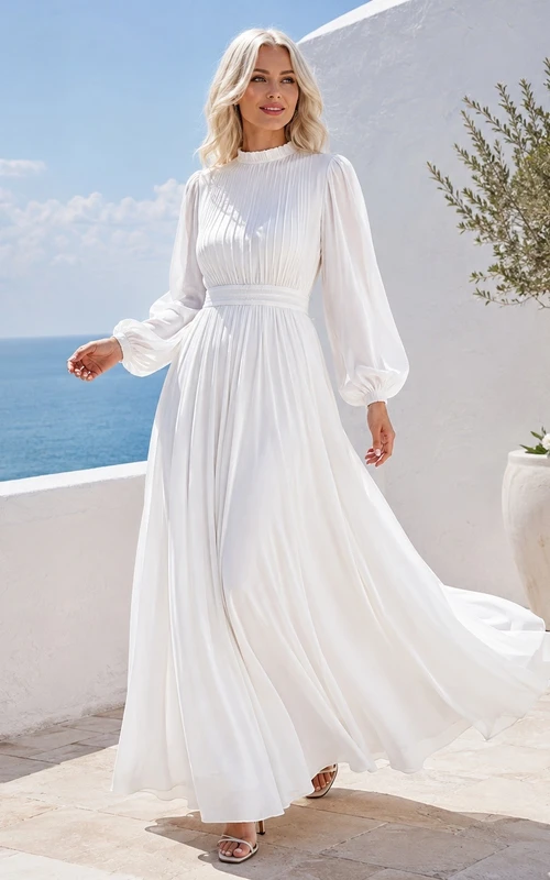 White High Neck Long Sleeve Bell-Cuff Chiffon Beach Dress