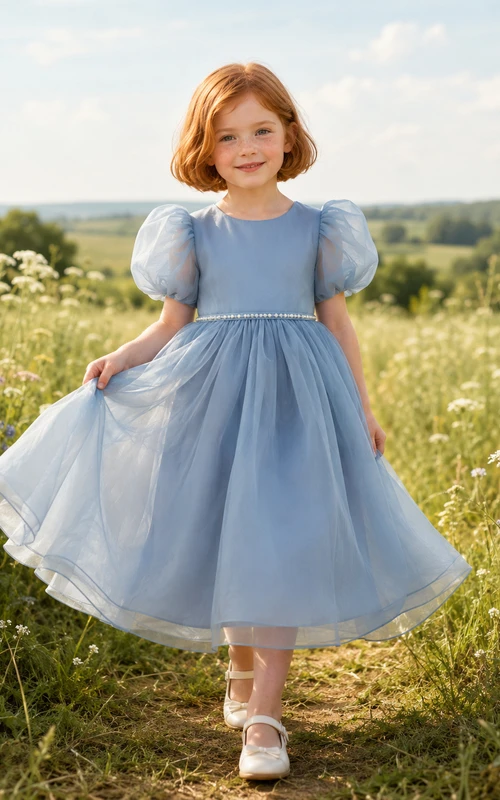 Blumenmädchenkleid, himmelblau, Tüll, A-Linie, kurze Ärmel, Rundhalsausschnitt, Teelänge, Schleifendetail