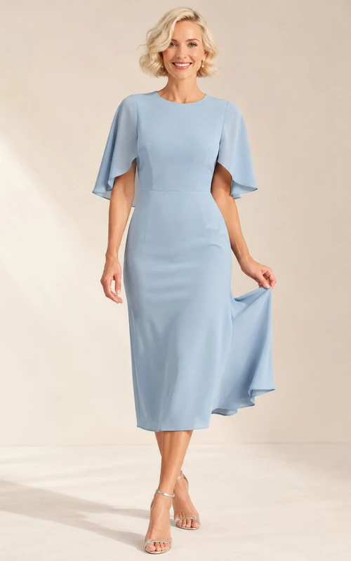Sky Blue Cape Sleeve Crepe Midi Dress