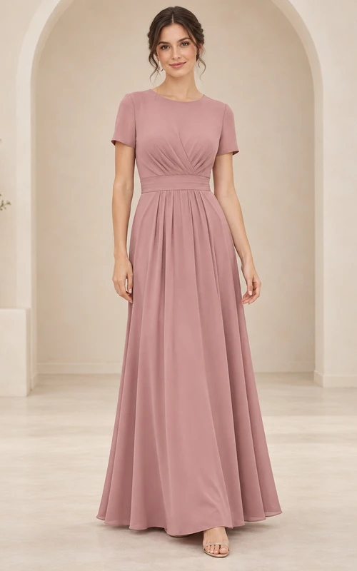 Vestido largo de dama de honor de gasa fruncida de manga corta en color rosa empolvado discreto