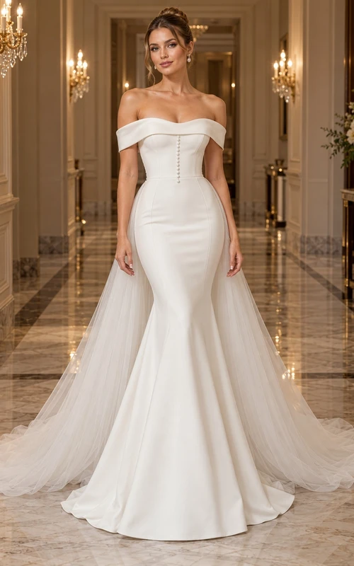 Simple Mermaid Off Shoulder Satin Tulle Train Wedding Dress