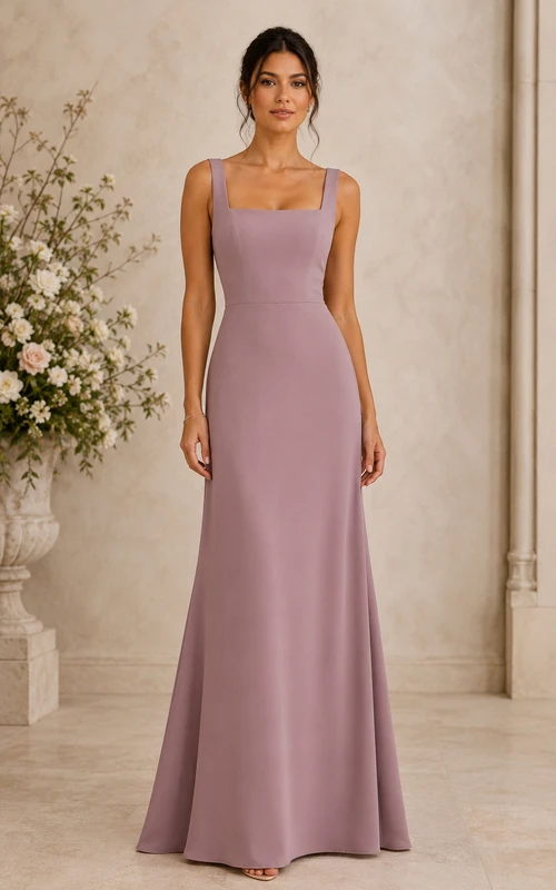 Mauve Square Neck Sheath Bridesmaid Dress