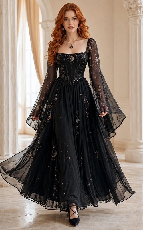 Black Square-Neck Long-Sleeve Lace Tulle A-Line Floor-length Bell-Sleeve Beaded Formal Gown