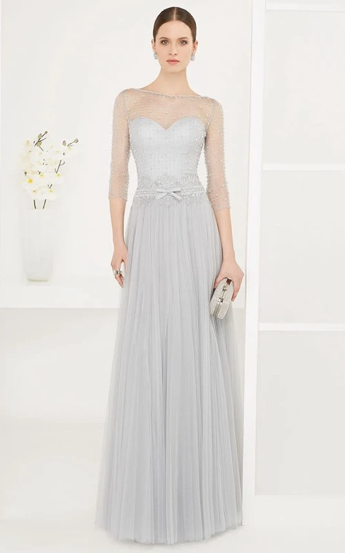 Langes, plissiertes Tüll-Abendkleid mit Rundhalsausschnitt, 3-4 Ärmeln, Gürtel und Pailletten